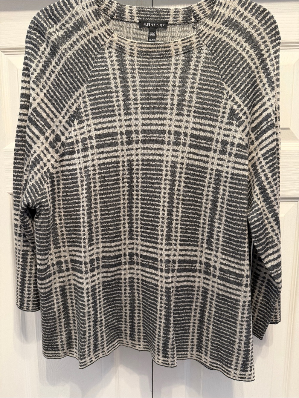 Eileen Fisher Gray and White Plaid Lightweight Crew Sweater